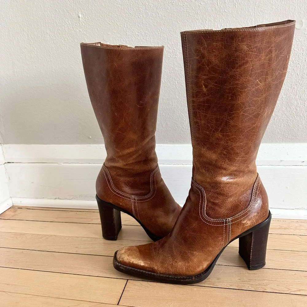 Vintage 90s Steve Madden Snap Brown Leather Side Zip Boot - Picture 2 of 5
